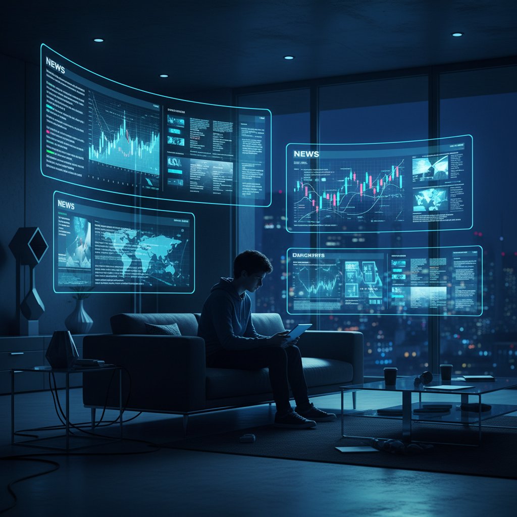Młoda osoba otoczona ekranami wyświetlającymi newsy w nowoczesnym, polskim mieszkaniu