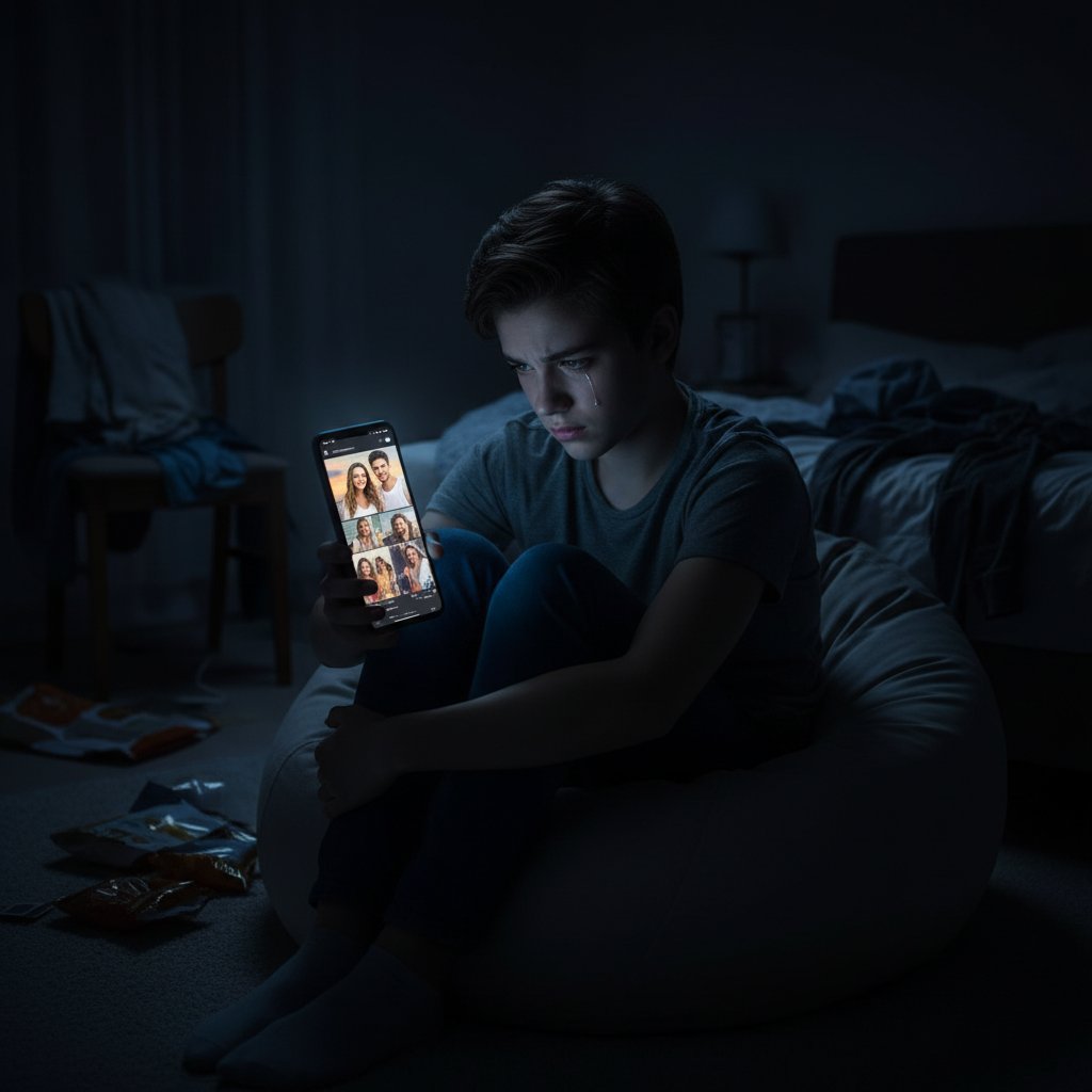 Młoda osoba siedząca w ciemnym pokoju, wpatrzona w telefon pełen zdjęć „idealnych ludzi”