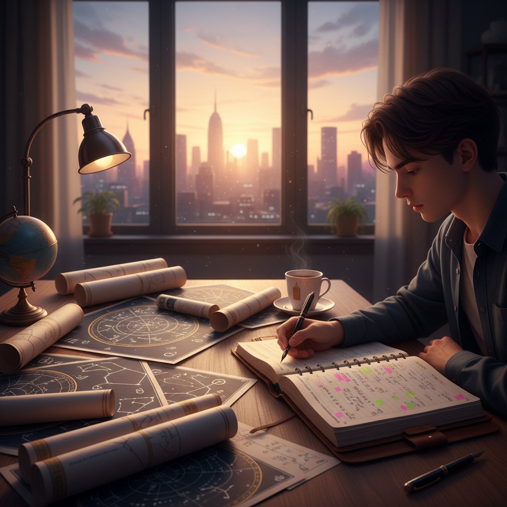 Osoba analizująca wykres astrologiczny na nowoczesnym laptopie, z notatnikiem i filiżanką kawy, z widokiem na miejską panoramę o świcie