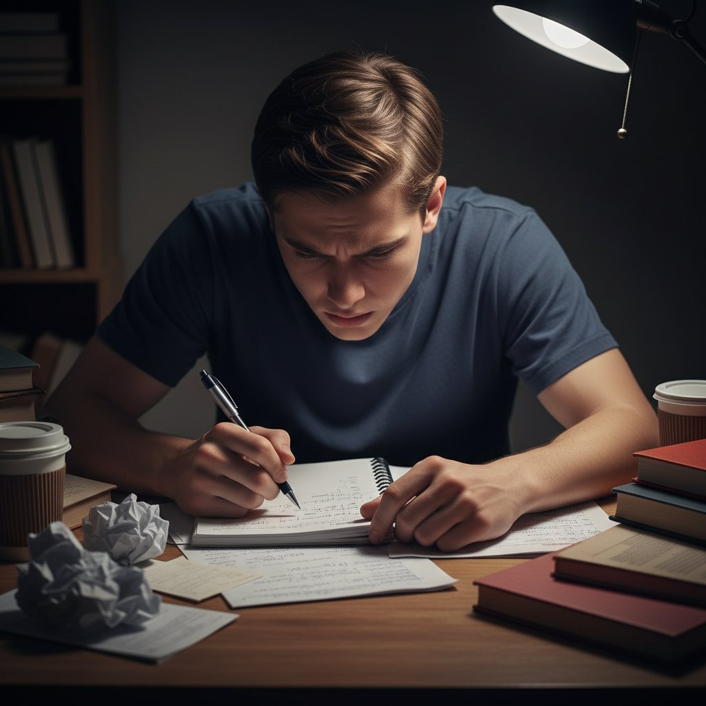 Młoda osoba siedząca przy biurku z notesem, zamyślona, z widocznym napięciem