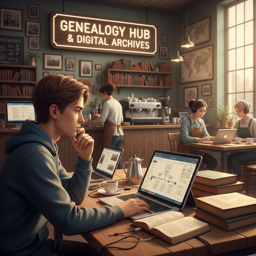 Młoda osoba przeglądająca cyfrowe archiwa w kawiarni – nowe pokolenie genealogów