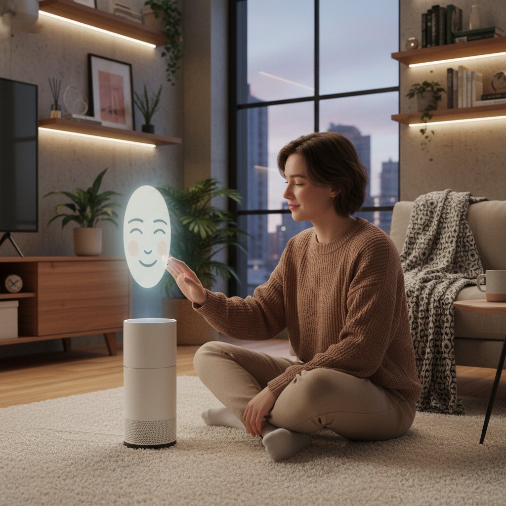 Młoda osoba rozmawiająca z cyfrowym asystentem, subtelny wyraz emocji, nowoczesne wnętrze, sztuczna inteligencja, wsparcie emocjonalne