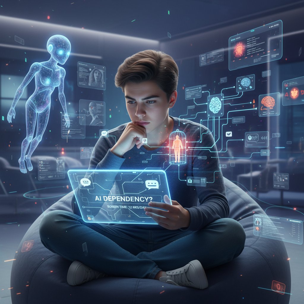 Młoda osoba analizująca swoje nawyki cyfrowe, AI i uzależnienie, słowa kluczowe AI uzależnienie