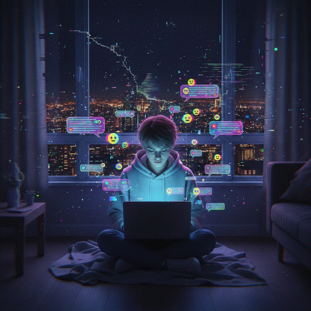 Młoda osoba w ciemnym mieszkaniu w Polsce korzysta z czatu terapeutycznego online, ekran odbija dymki rozmowy