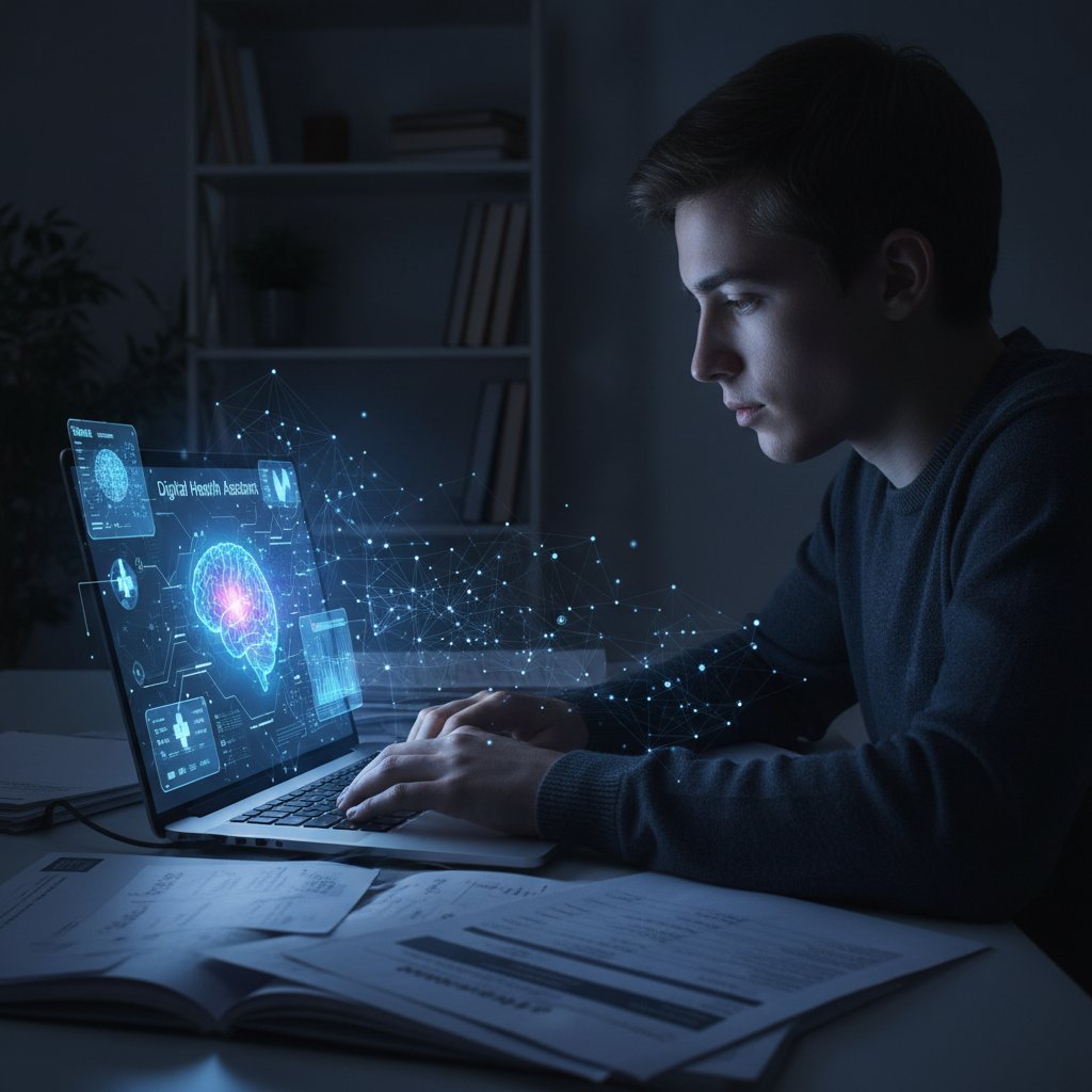 Młoda osoba w ciemnym pokoju przed laptopem z asystentem zdrowia online, twarz oświetlona światłem ekranu