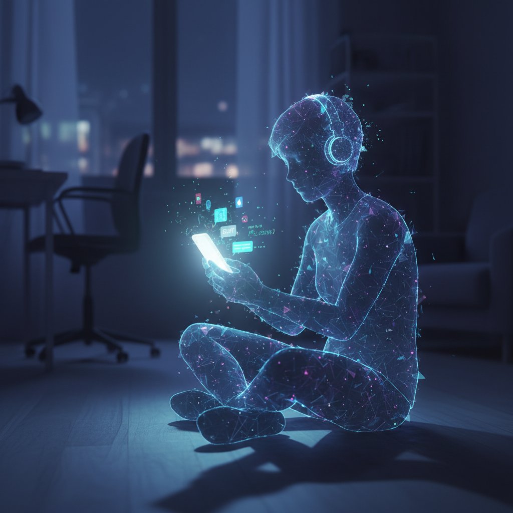 Junger Mensch sitzt allein im dunklen Zimmer, das Smartphone erhellt das Gesicht – Chat mit digitaler Freundin