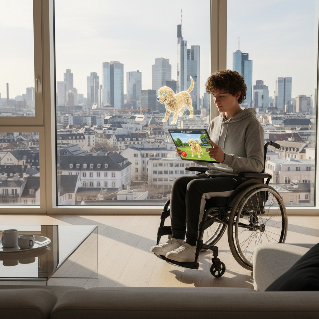 Junger Mensch mit sichtbarer Behinderung nutzt virtuelle Hund-App im modernen deutschen Wohnzimmer, Stadtblick im Hintergrund