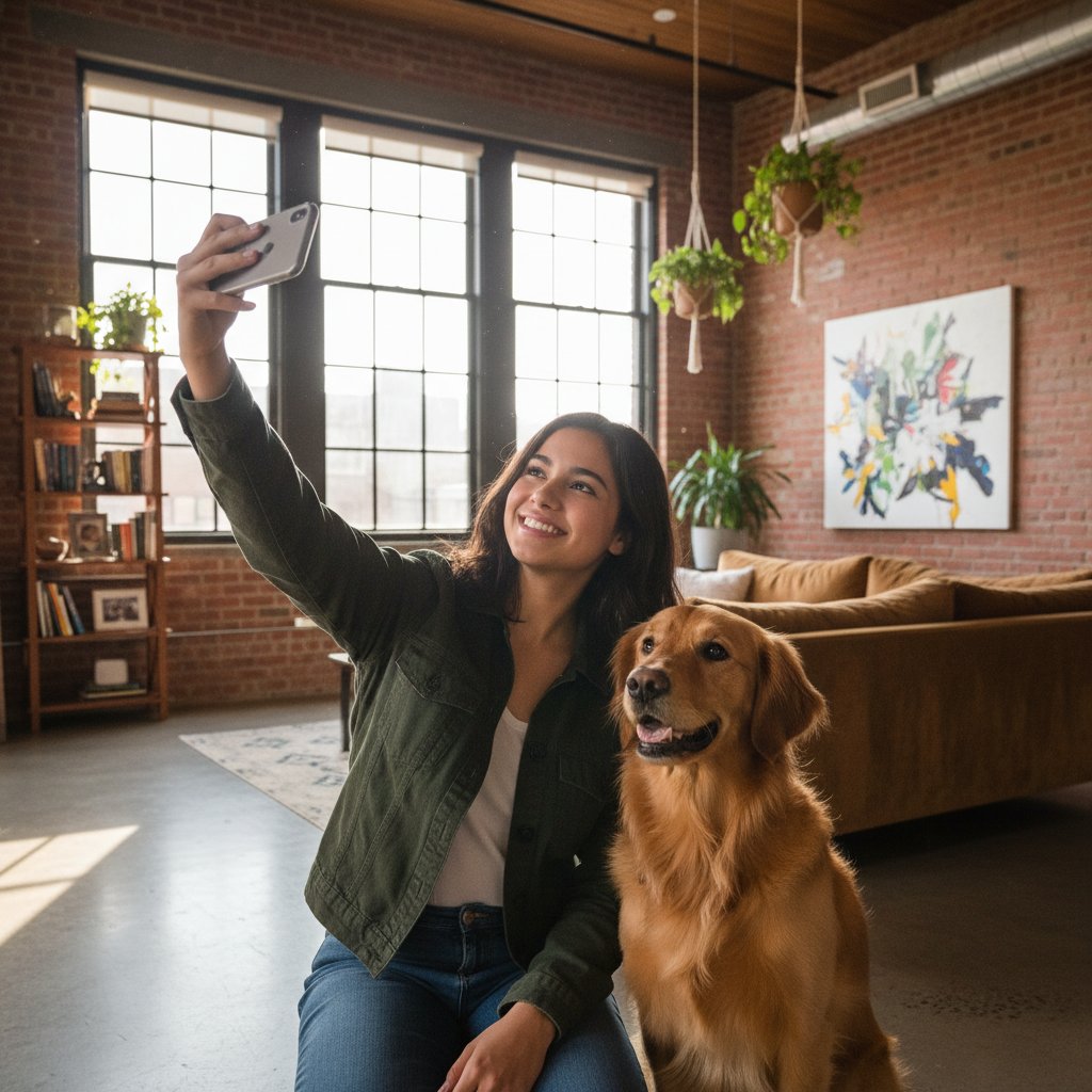 Młoda osoba robi selfie z psem w industrialnym mieszkaniu
