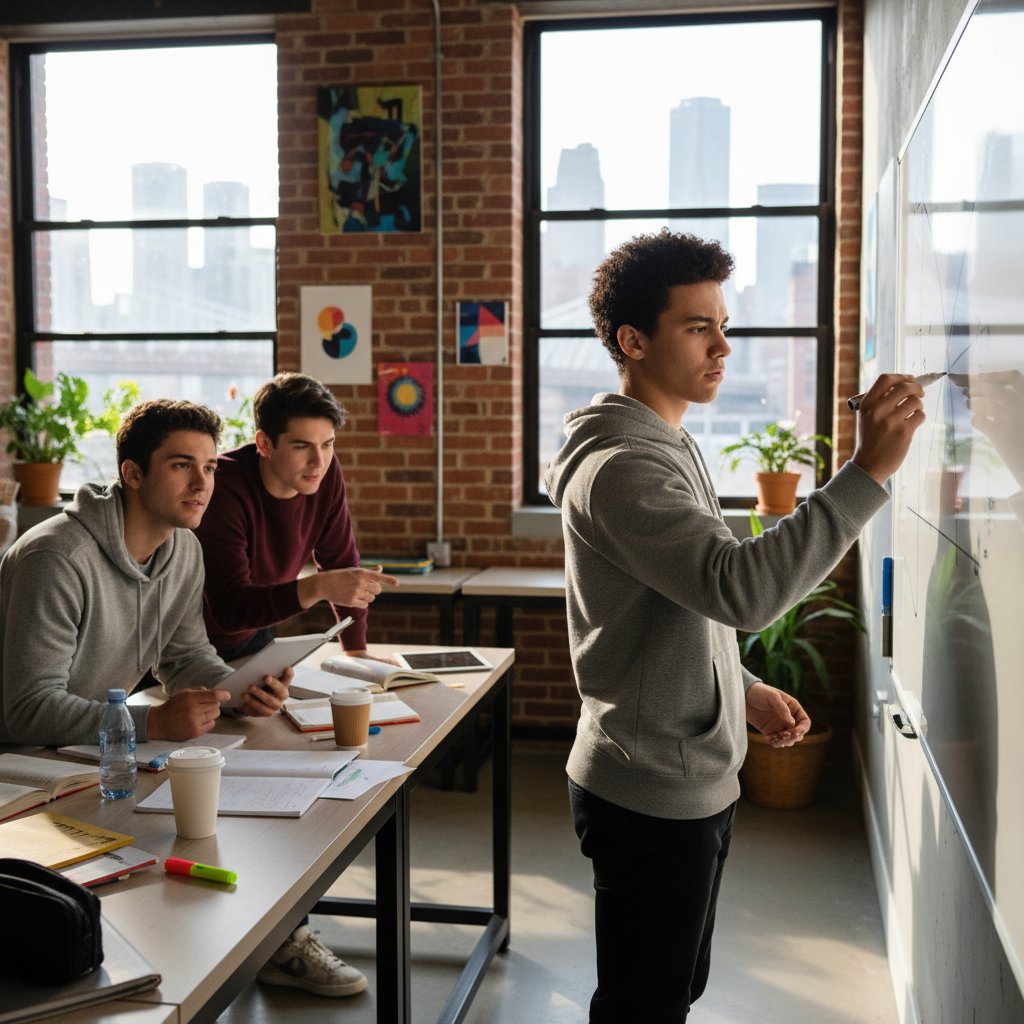 Młoda osoba rysująca wykresy na tablicy podczas pracy grupowej; wizualizacja aktywnej nauki matematyki