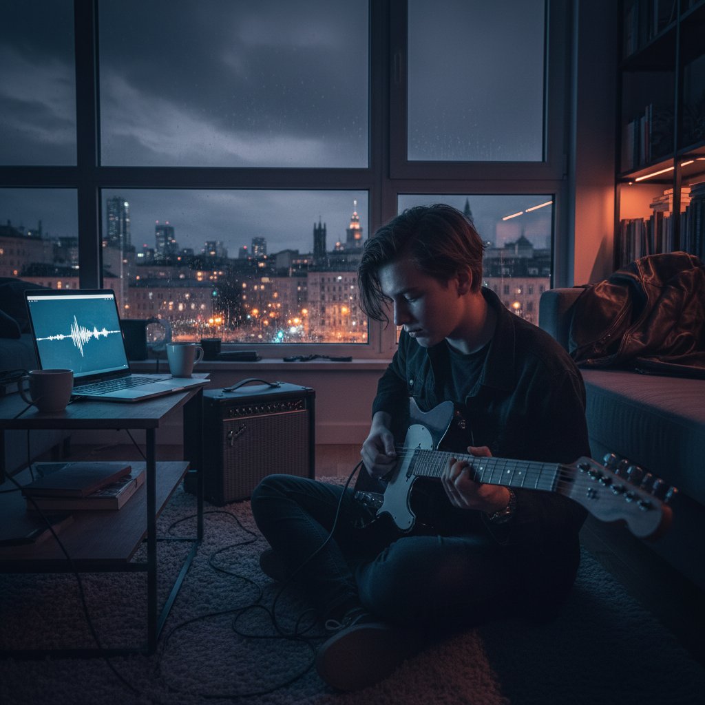 Młoda osoba ćwiczy na gitarze wieczorem w swoim warszawskim mieszkaniu, laptop świeci światłem – klimat miejski, intensywny, słowa kluczowe: lekcje gitary online, nauka gry na gitarze