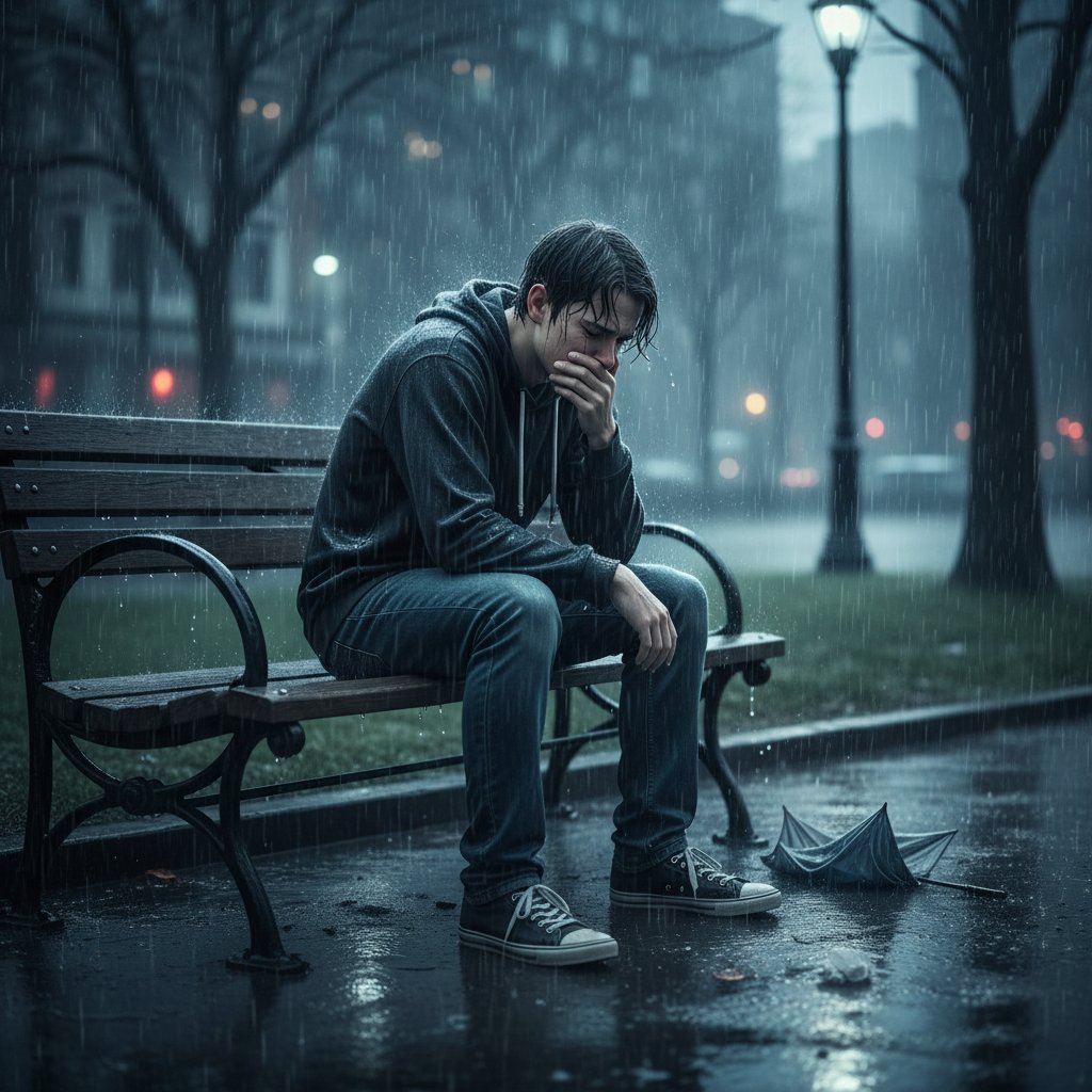 Młoda osoba w kryzysie emocjonalnym, siedząca samotnie na ławce, deszcz, smutek