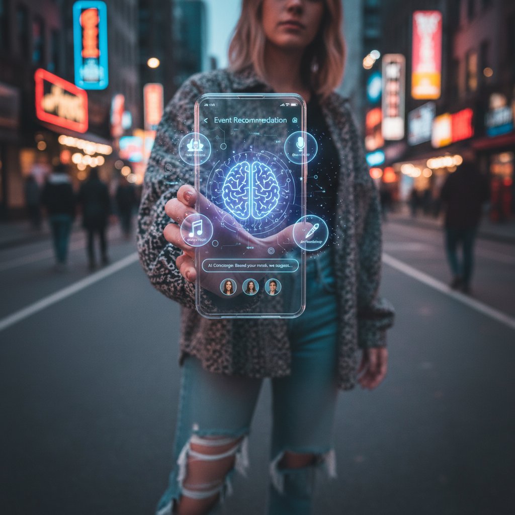 Młoda osoba korzystająca z aplikacji rekomendującej wydarzenia na smartfonie, interfejs z AI