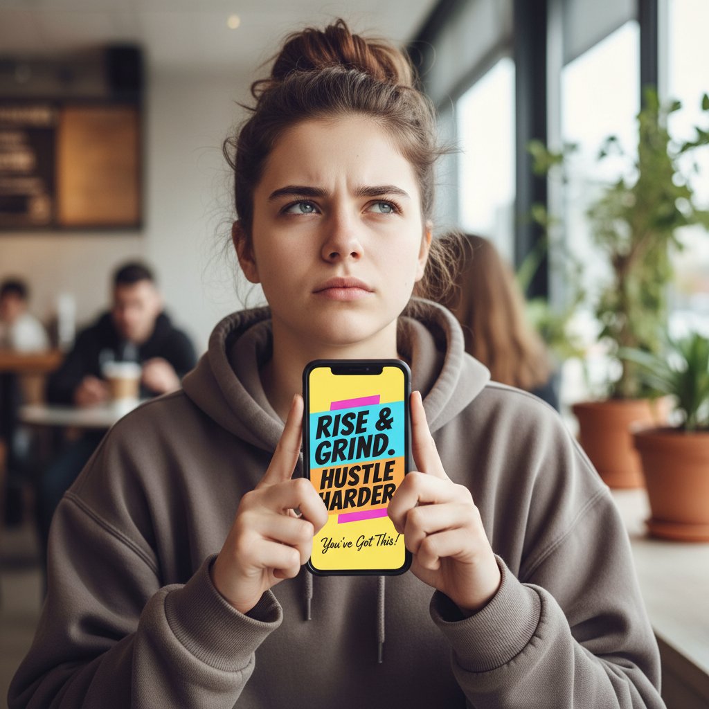 Młoda osoba przewracająca oczami podczas przeglądania motywacyjnych cytatów w telefonie