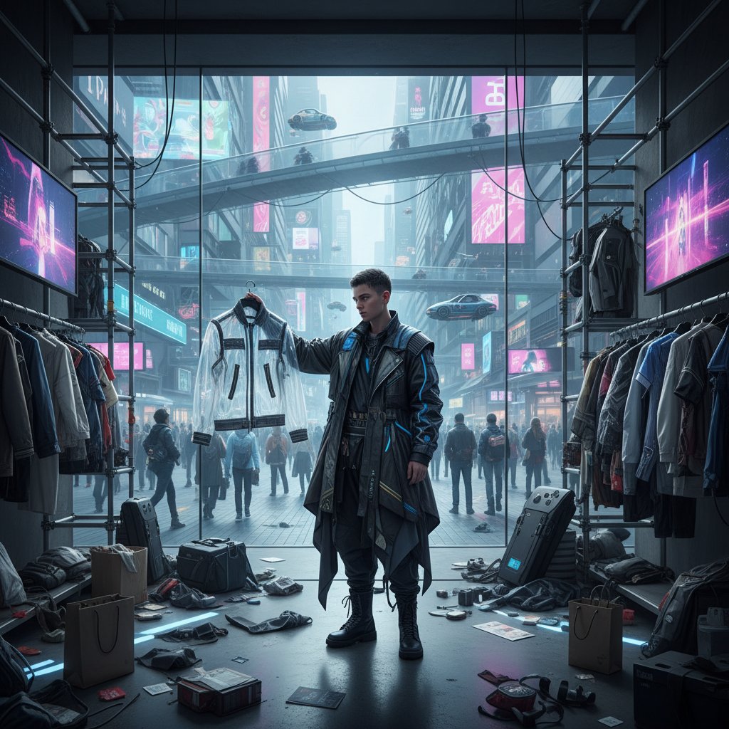 Młoda osoba analizująca ubrania w zatłoczonym sklepie, obraz oddający chaos decyzji zakupowych, styl uliczny, nowoczesna moda