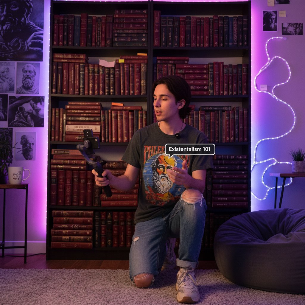 Młoda osoba nagrywająca TikToka o filozofii, książki i kolorowe światła, kreatywny klimat