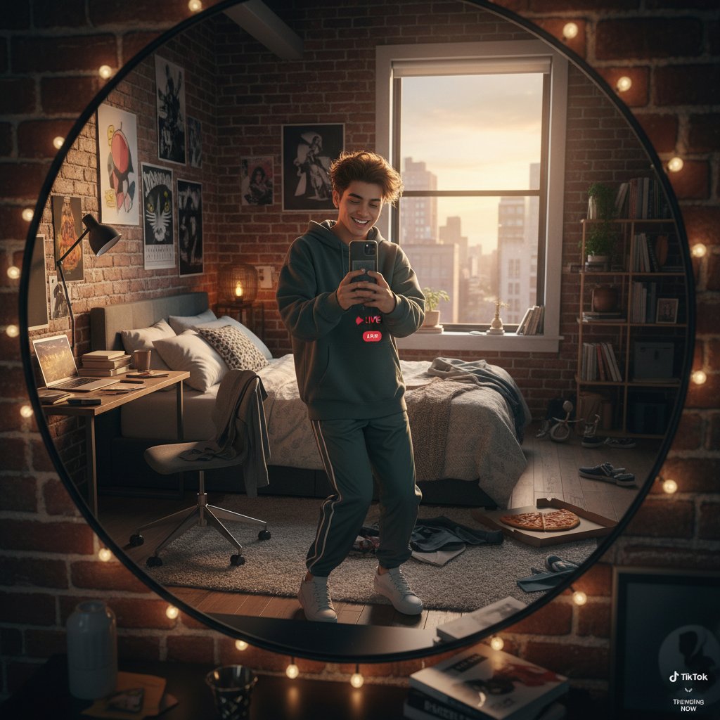 Młoda osoba nagrywająca wideo na TikToku, ukazująca motyw pustki w social mediach