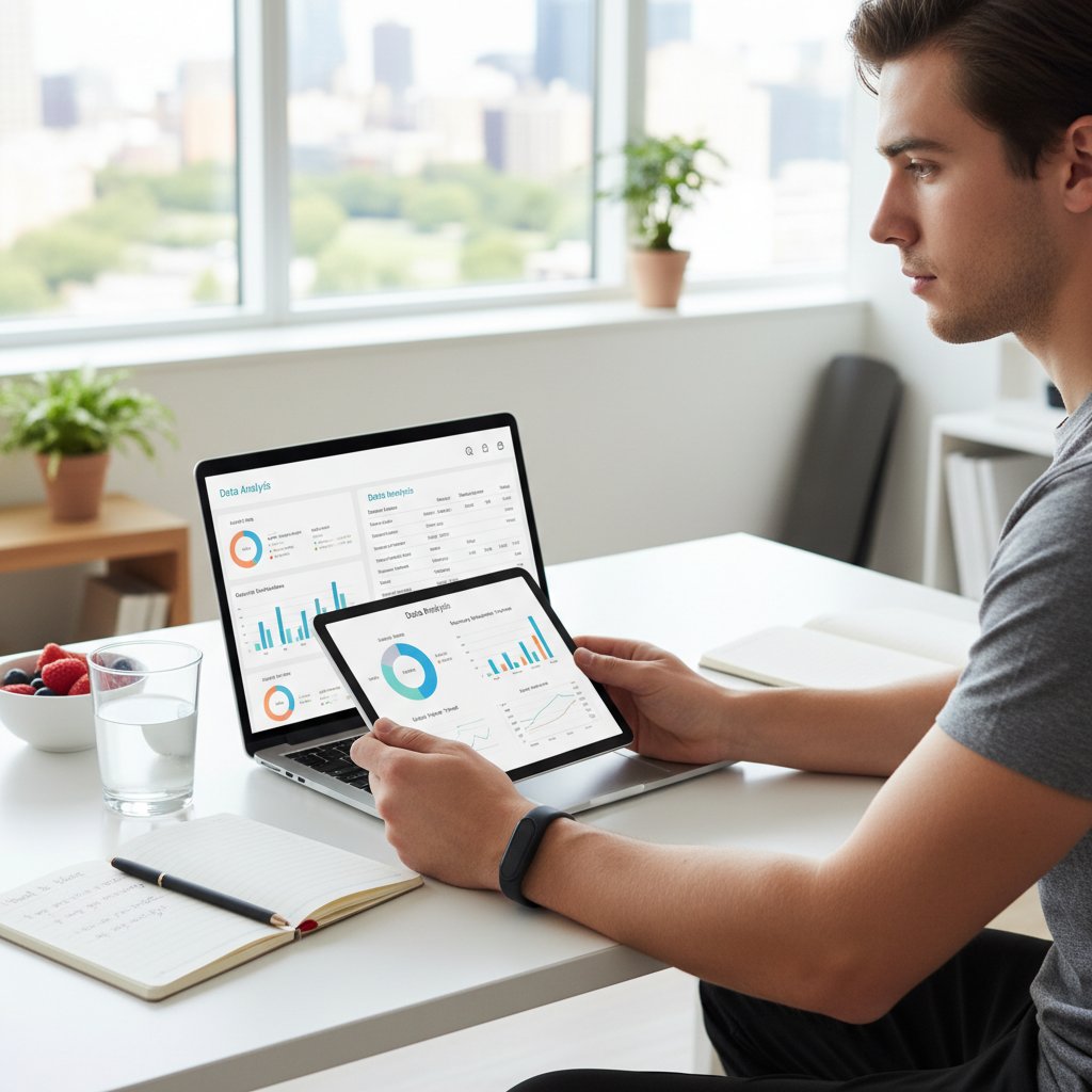 Zdjęcie młodej osoby korzystającej z opaski fitness i aplikacji zdrowotnej na smartfonie, analiza danych o diecie i zdrowiu