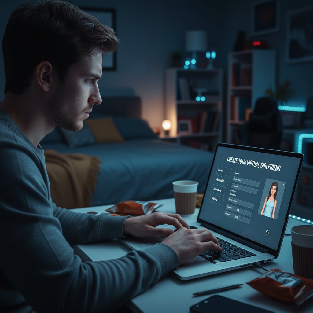 Junge Person sitzt konzentriert am Laptop, erstellt Profil für virtuelle Freundin