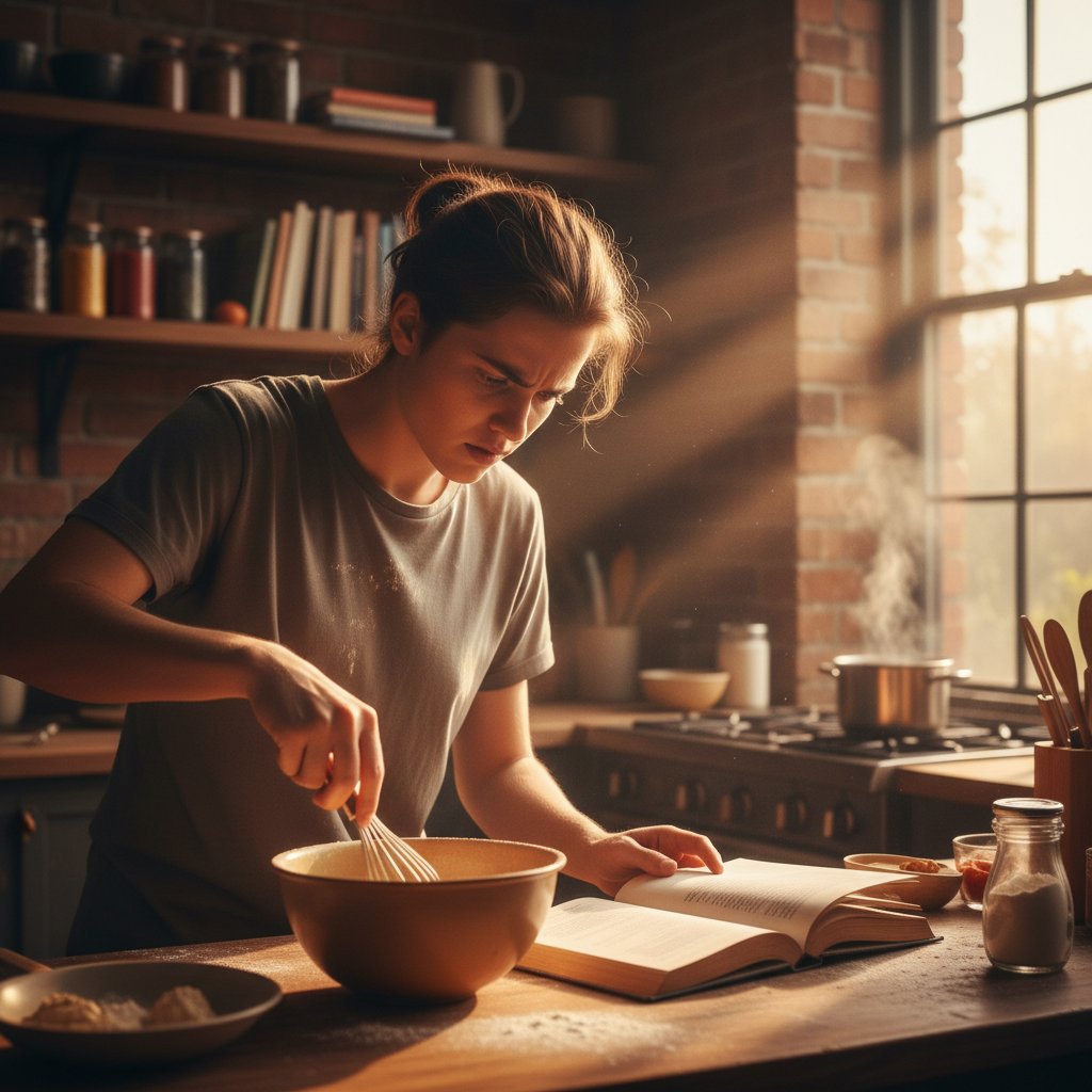 Młoda osoba z wyrazem skupienia na twarzy testuje pierwszy przepis, emocjonalne światło, domowa kuchnia