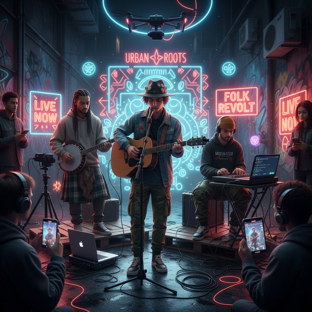 Młoda osoba słucha muzyki ludowej online w miejskim studio streamingowym, kontrast tradycji i nowoczesnej technologii