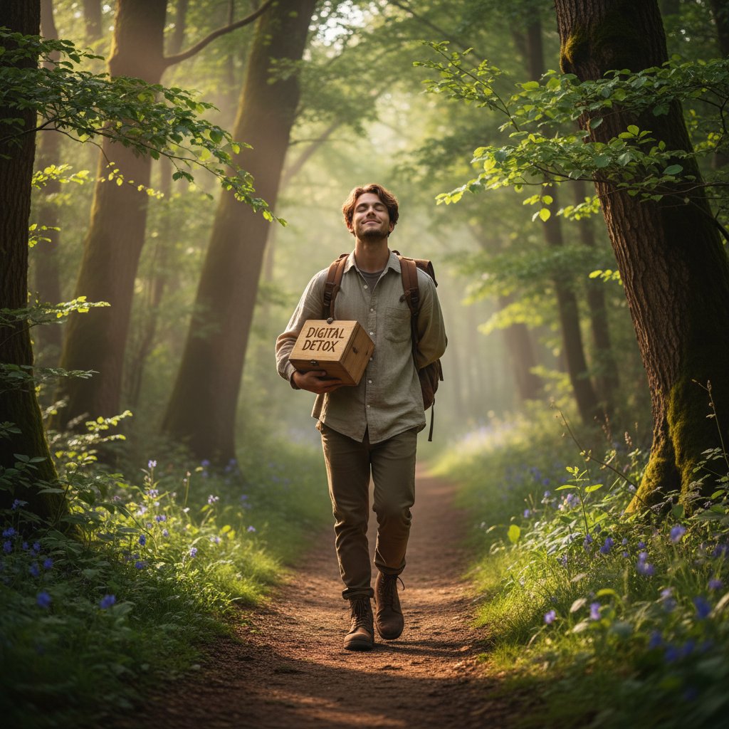 Młoda osoba na spacerze w lesie, z dala od ekranów – symbol detoksu cyfrowego
