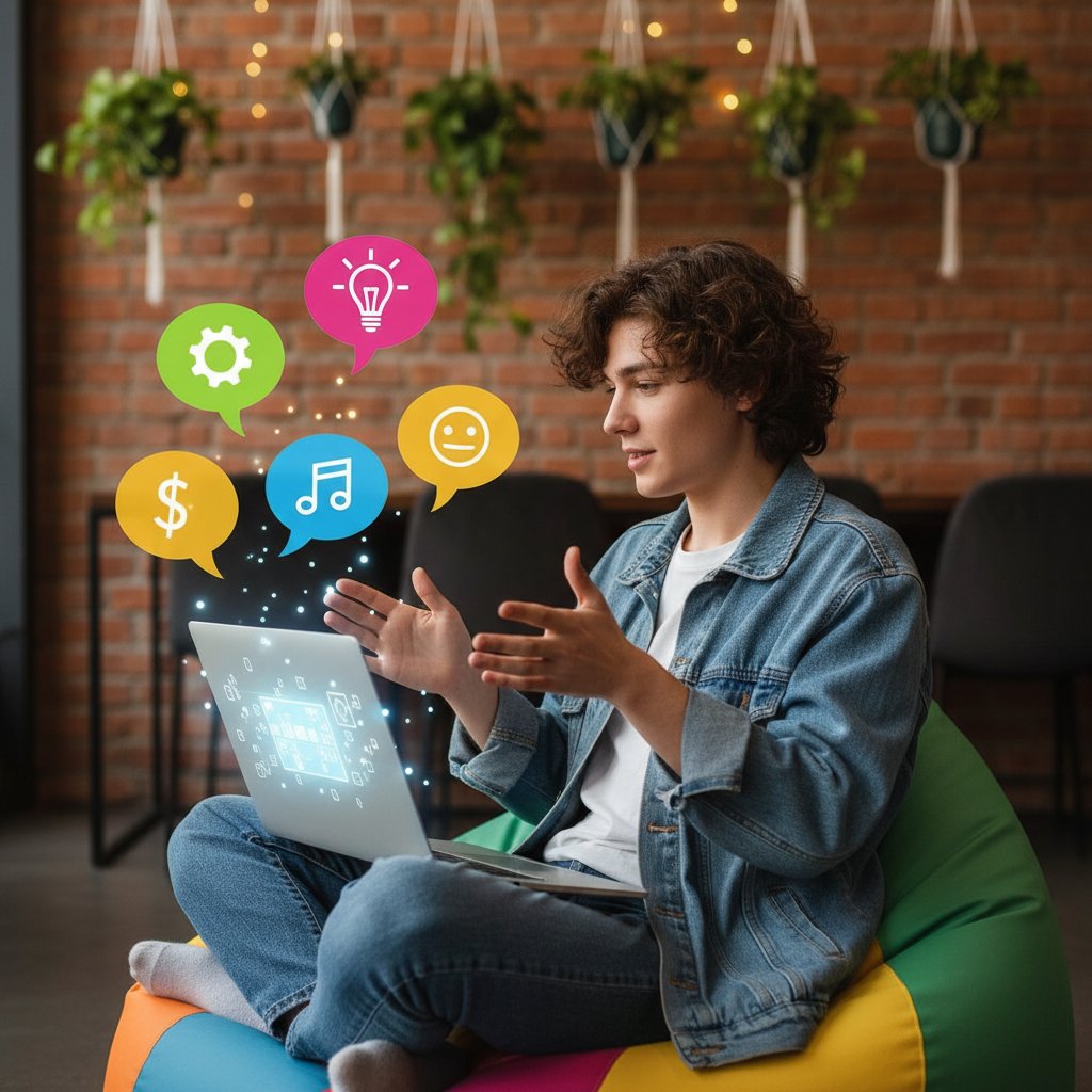 Młoda osoba gestykulująca podczas rozmowy przez laptop, uśmiechnięta, z kolorowymi dymkami rozmów