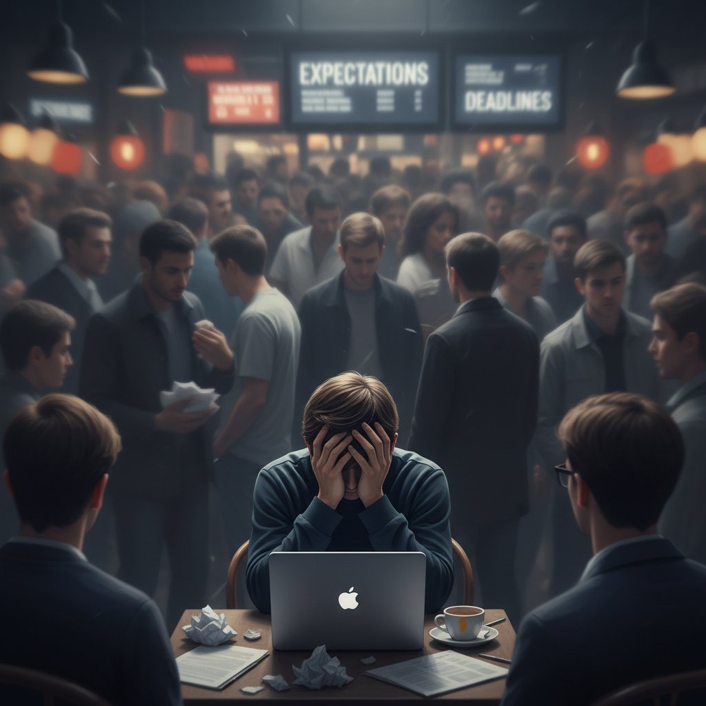 Młoda osoba trzymająca głowę w dłoniach, wokół rozmyte postaci – symboliczny obraz stresu i presji społecznej