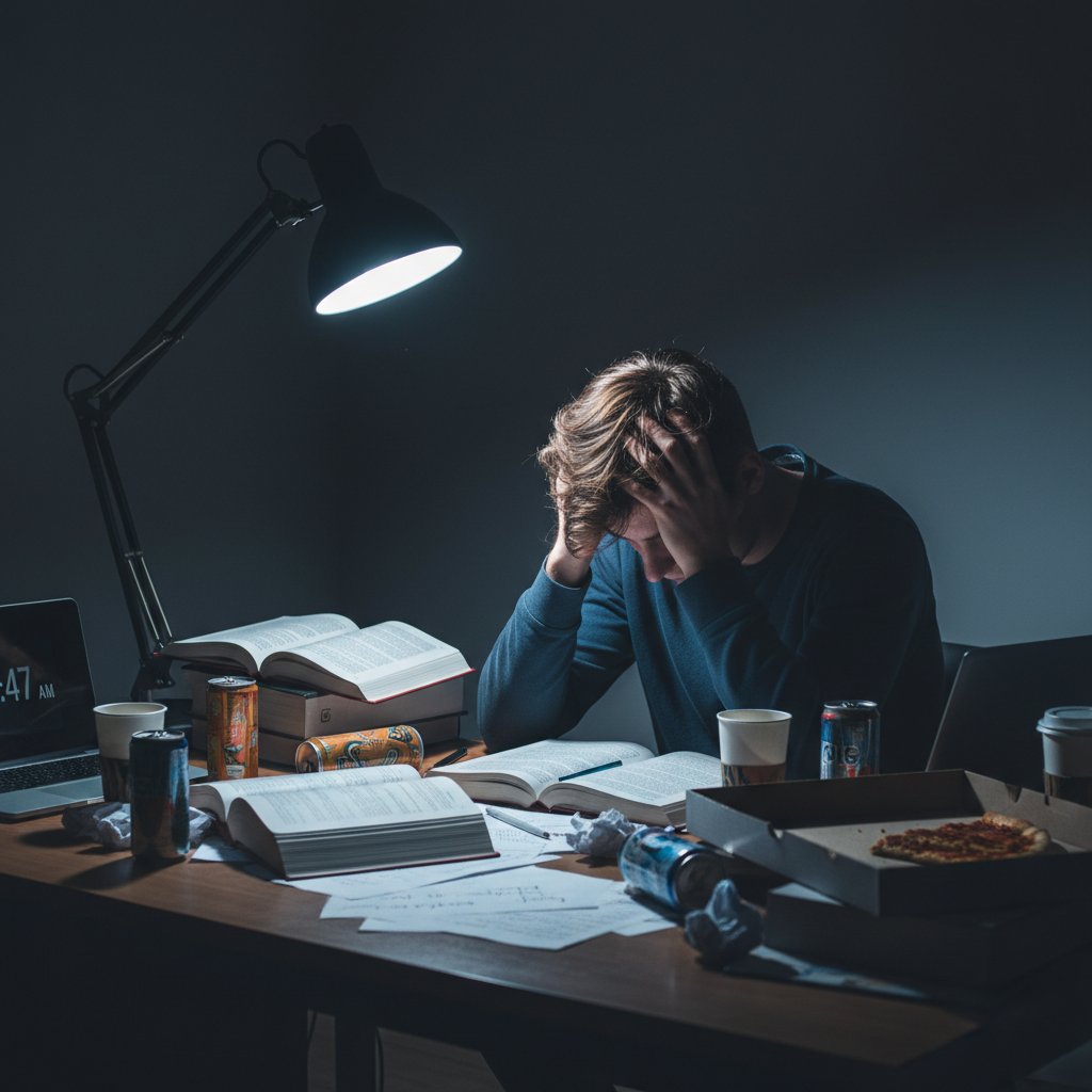 Uczeń przytłoczony nauką do matury w nocy – zmęczenie, lęk, stres