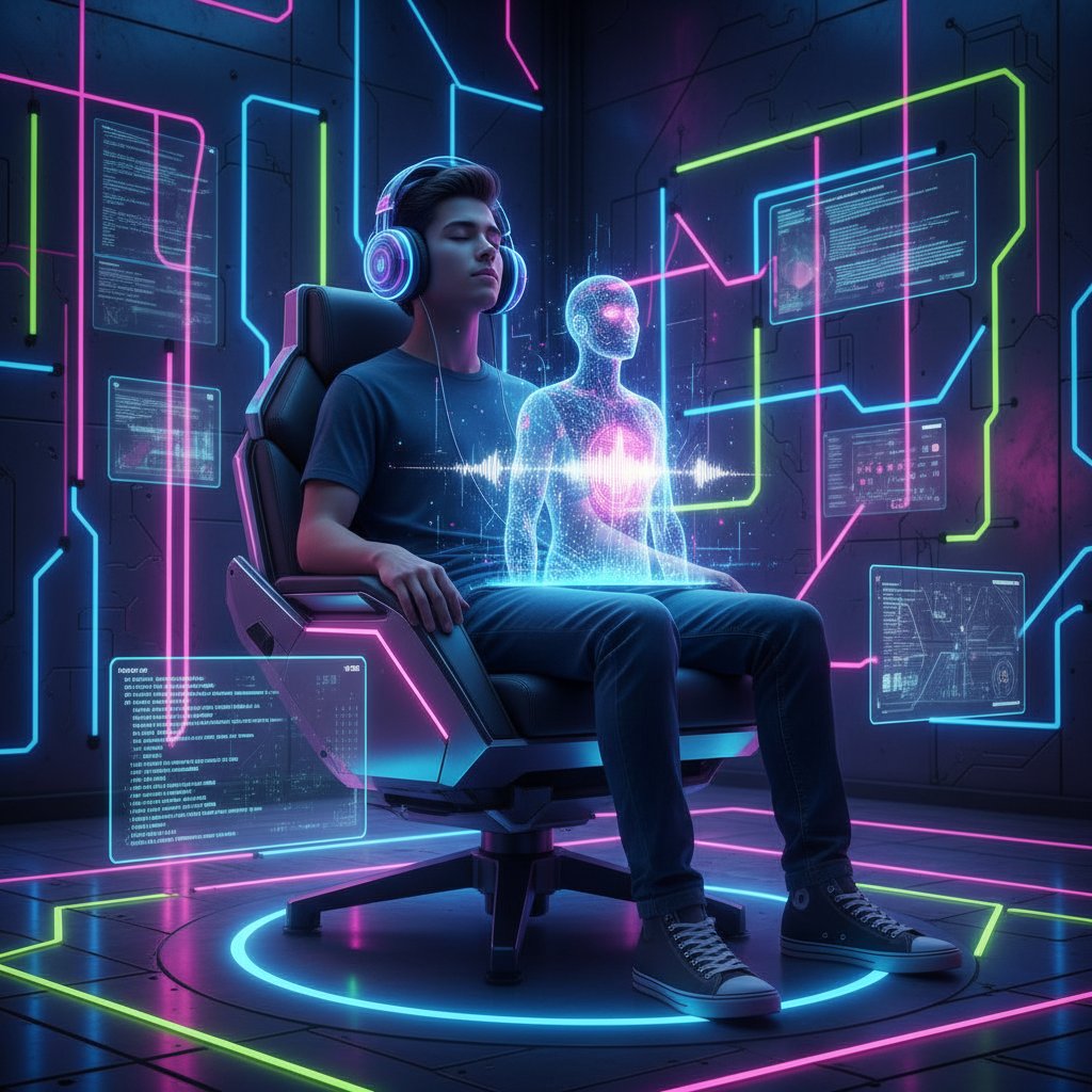 Młody człowiek słuchający głosu AI w słuchawkach, neonowe światła, vibe technologiczny