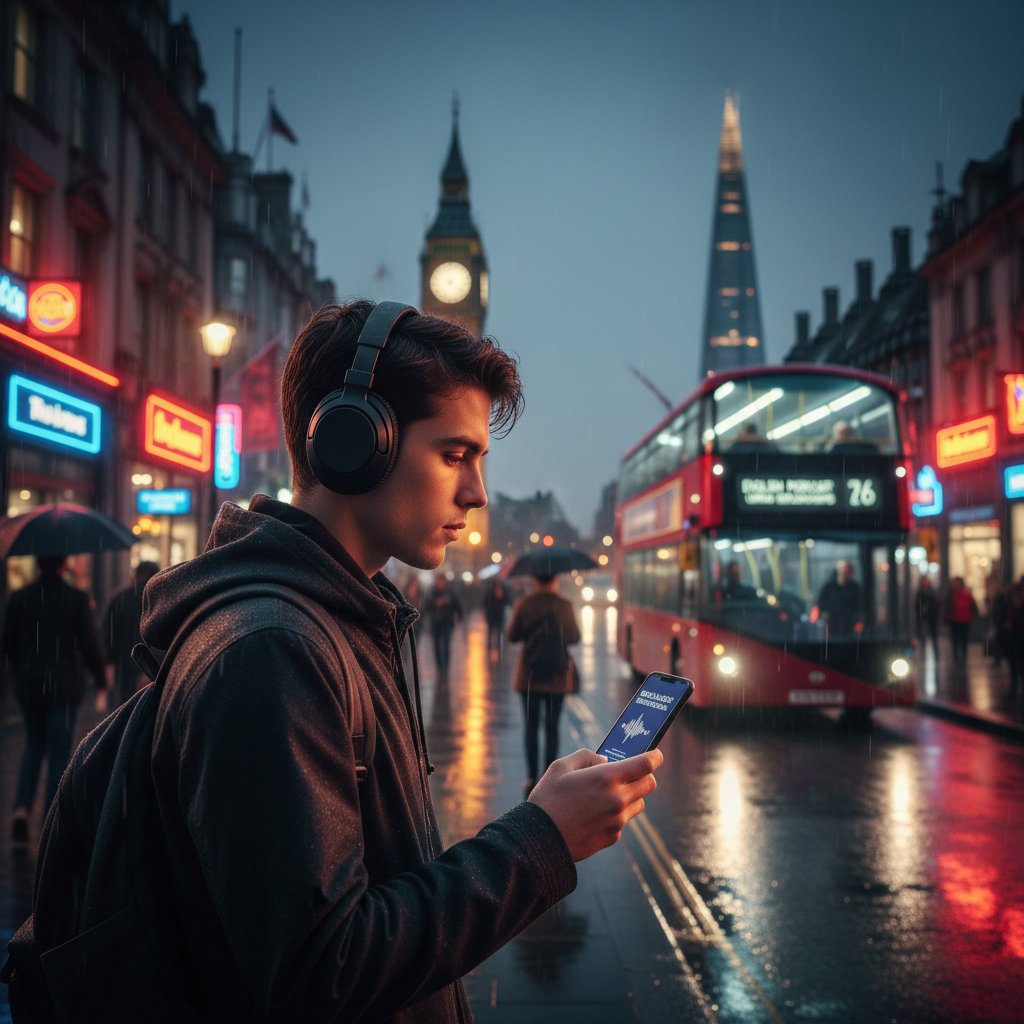 Młoda osoba w słuchawkach słuchająca angielskiego podcastu, napisy w tle