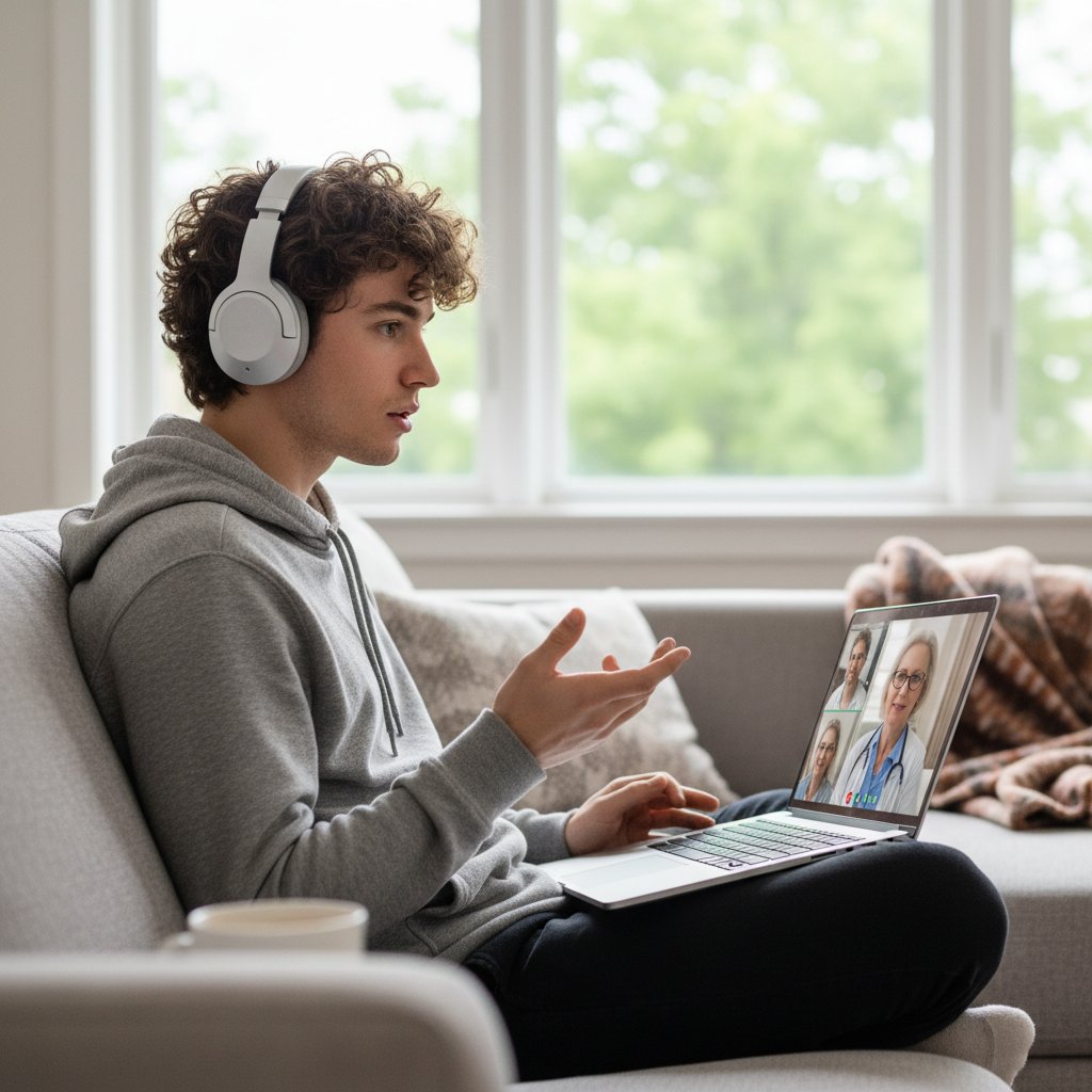 Młoda osoba w słuchawkach korzystająca z laptopa podczas konsultacji online