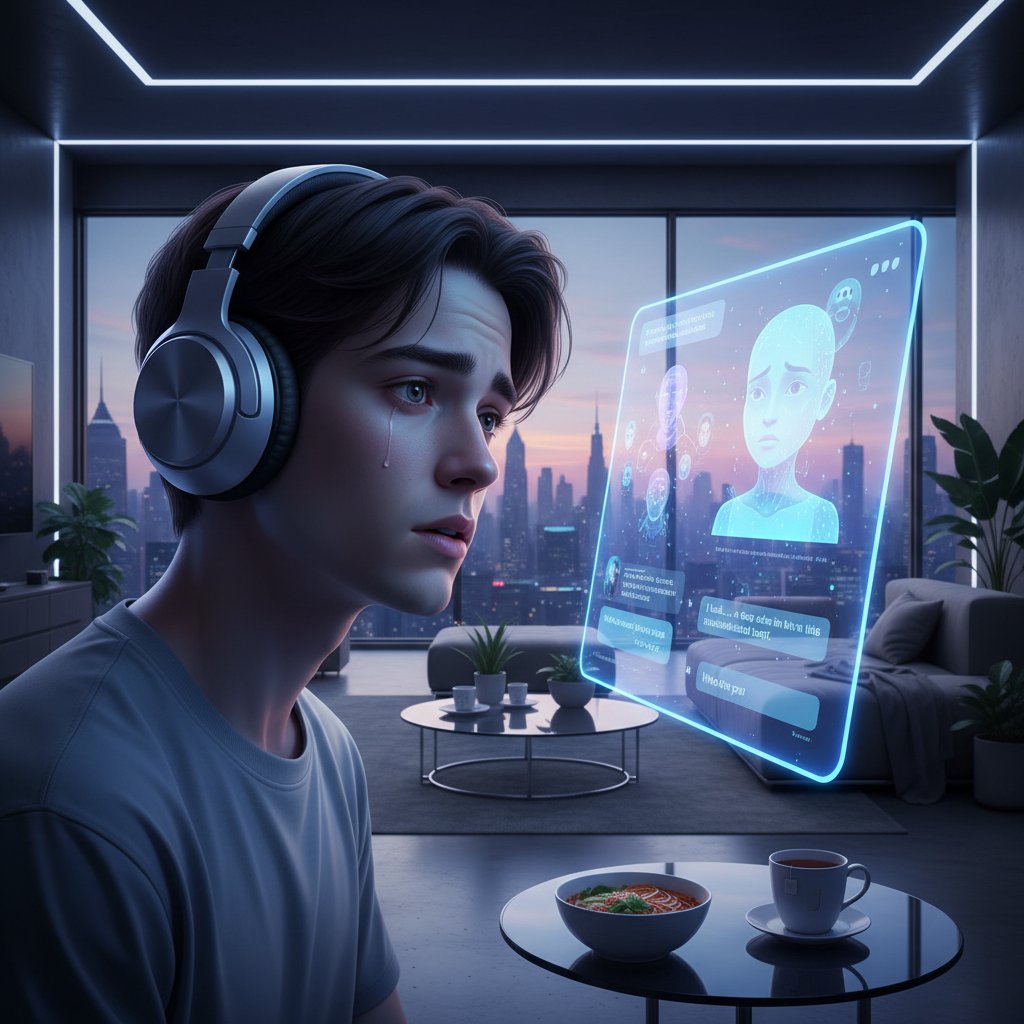 Junge Person mit Kopfhörern, Blick auf Bildschirm mit KI-Chat, emotionale KI Anbieter, moderne Wohnung
