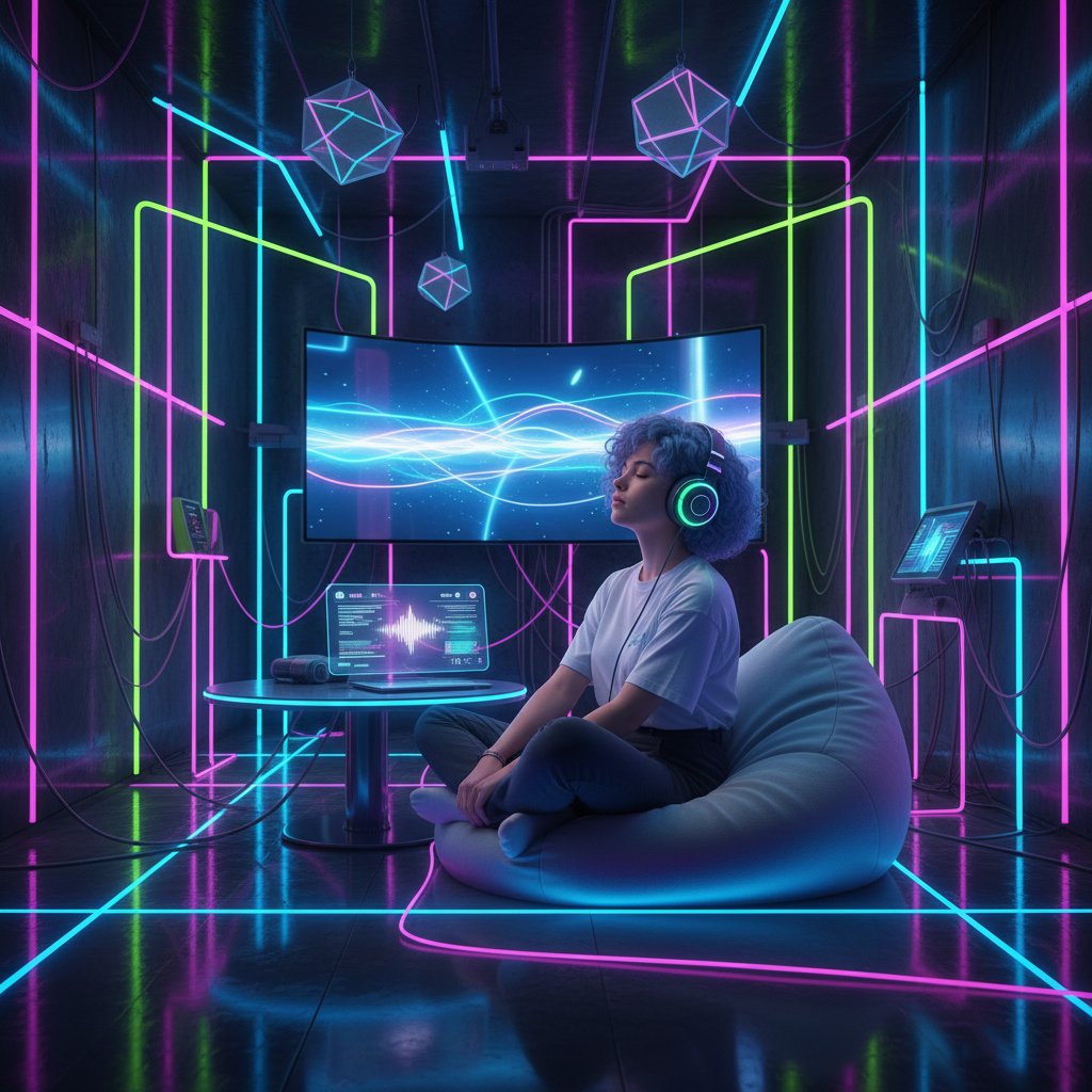 Osoba słuchająca muzyki w pokoju z neonowym światłem – samotność i wsparcie online wśród osób nieheteronormatywnych