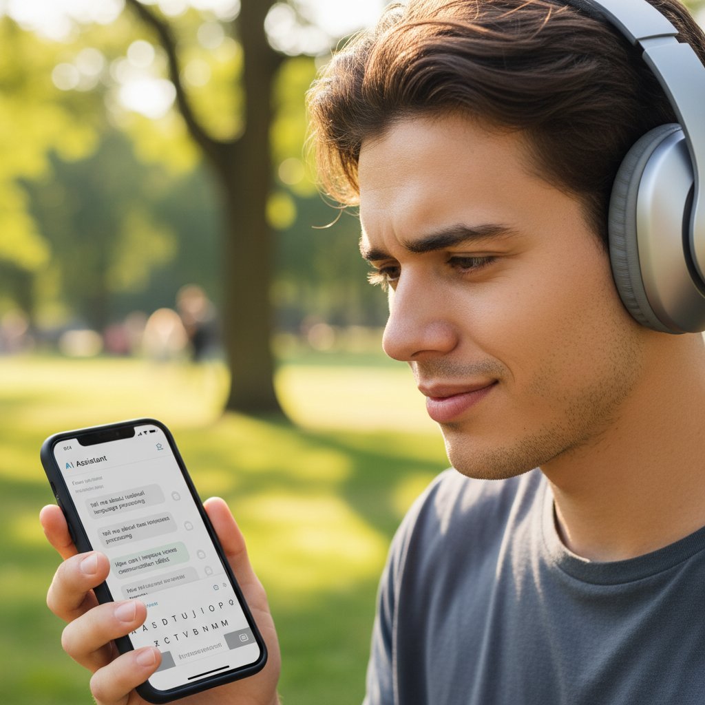 Bliska twarz młodej osoby, słuchawki na uszach, wpatrzonej w smartfon z widocznym czatem AI – symbol naturalnej rozmowy