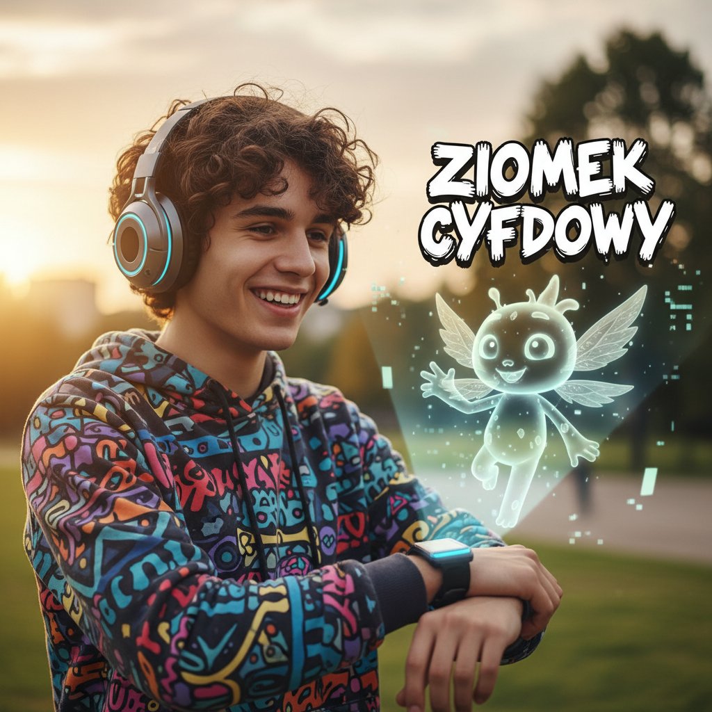 Młoda osoba w słuchawkach, z uśmiechem, rozmawiająca z cyfrowym przyjacielem w stylu polskiego slangu