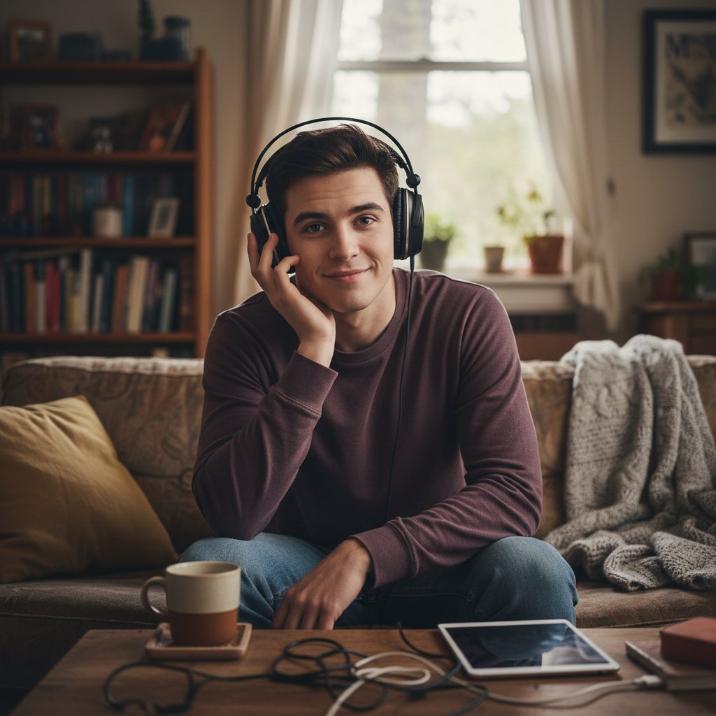 Młoda osoba w słuchawkach, uśmiecha się niepewnie do ekranu, jasne tło, domowy nastrój