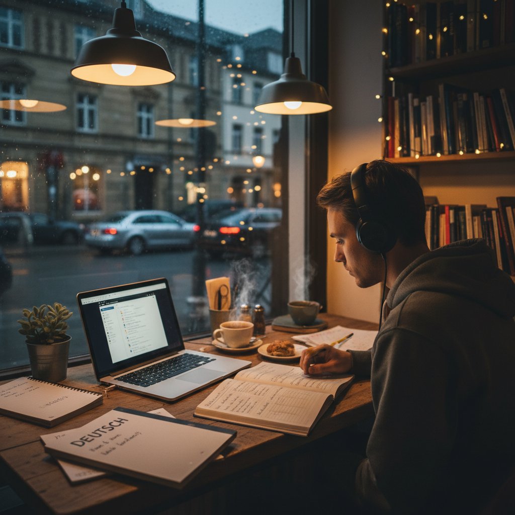 Młoda osoba w słuchawkach przy komputerze, z notatkami do niemieckiego, noc w mieszkaniu