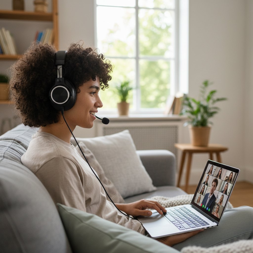 Junge Person mit Kopfhörern bei Videoberatung, Zuhause am Laptop