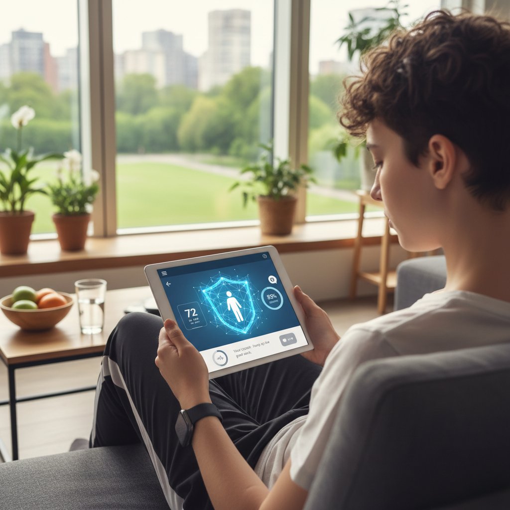 Młoda osoba korzystająca z nowoczesnej aplikacji zdrowotnej, otoczona technologią, z uśmiechem – trend cyfrowego wsparcia w IBS