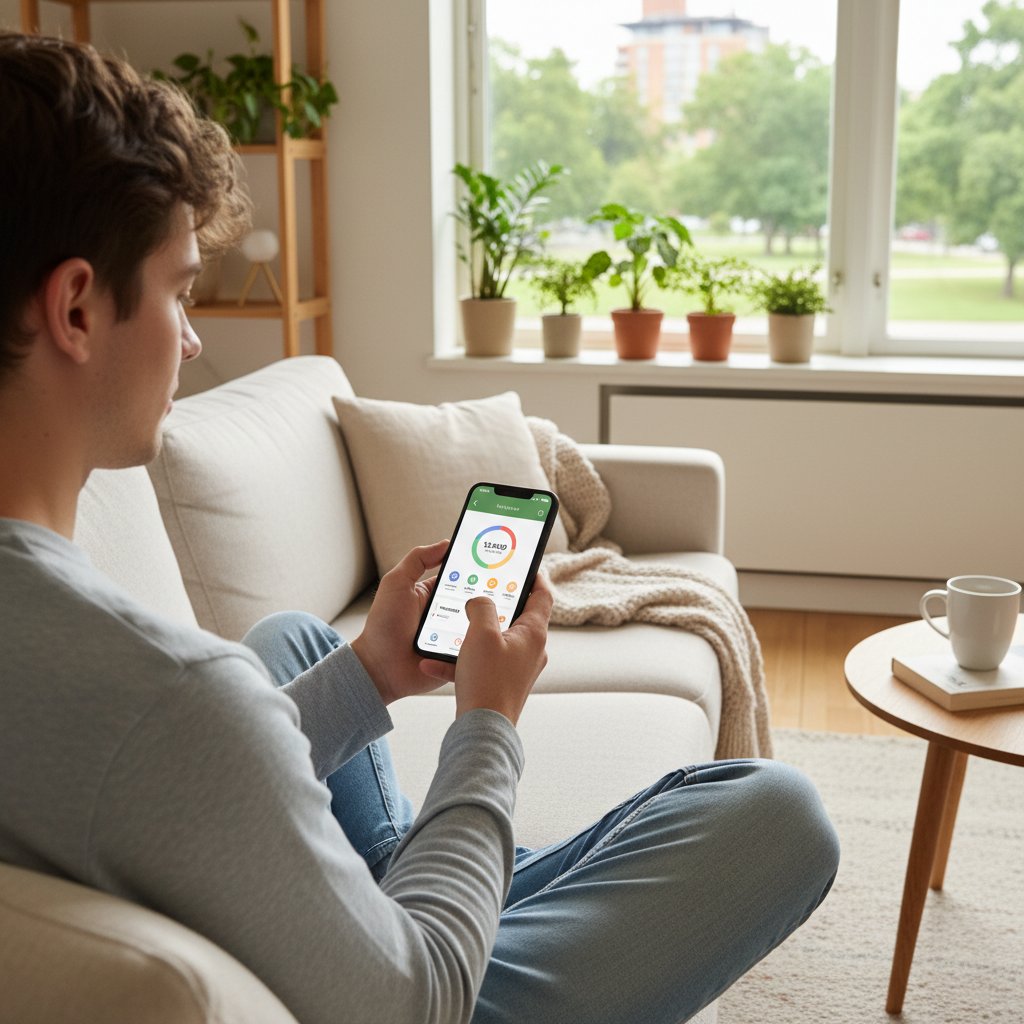 Młoda osoba korzystająca z aplikacji zdrowotnej na smartfonie w domowym wnętrzu