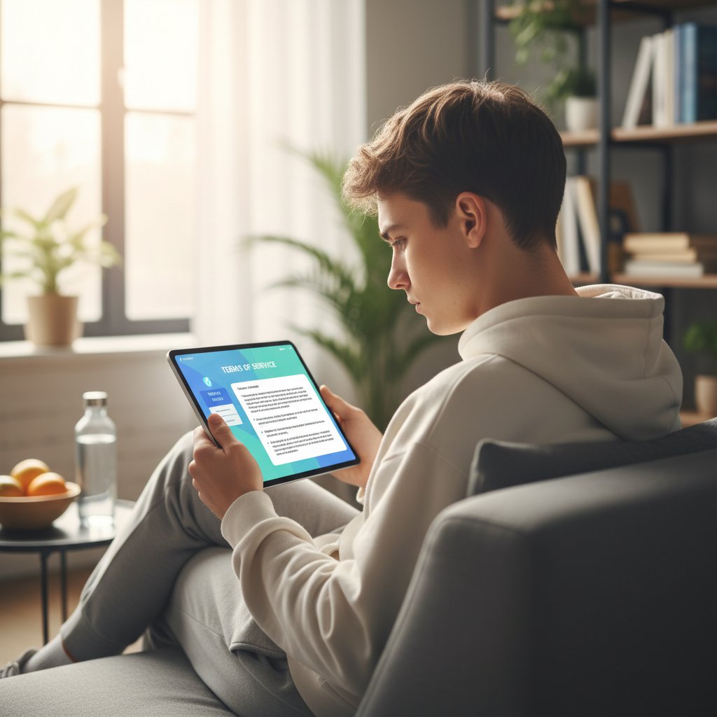 Młoda osoba analizująca regulamin aplikacji zdrowotnej na tablecie