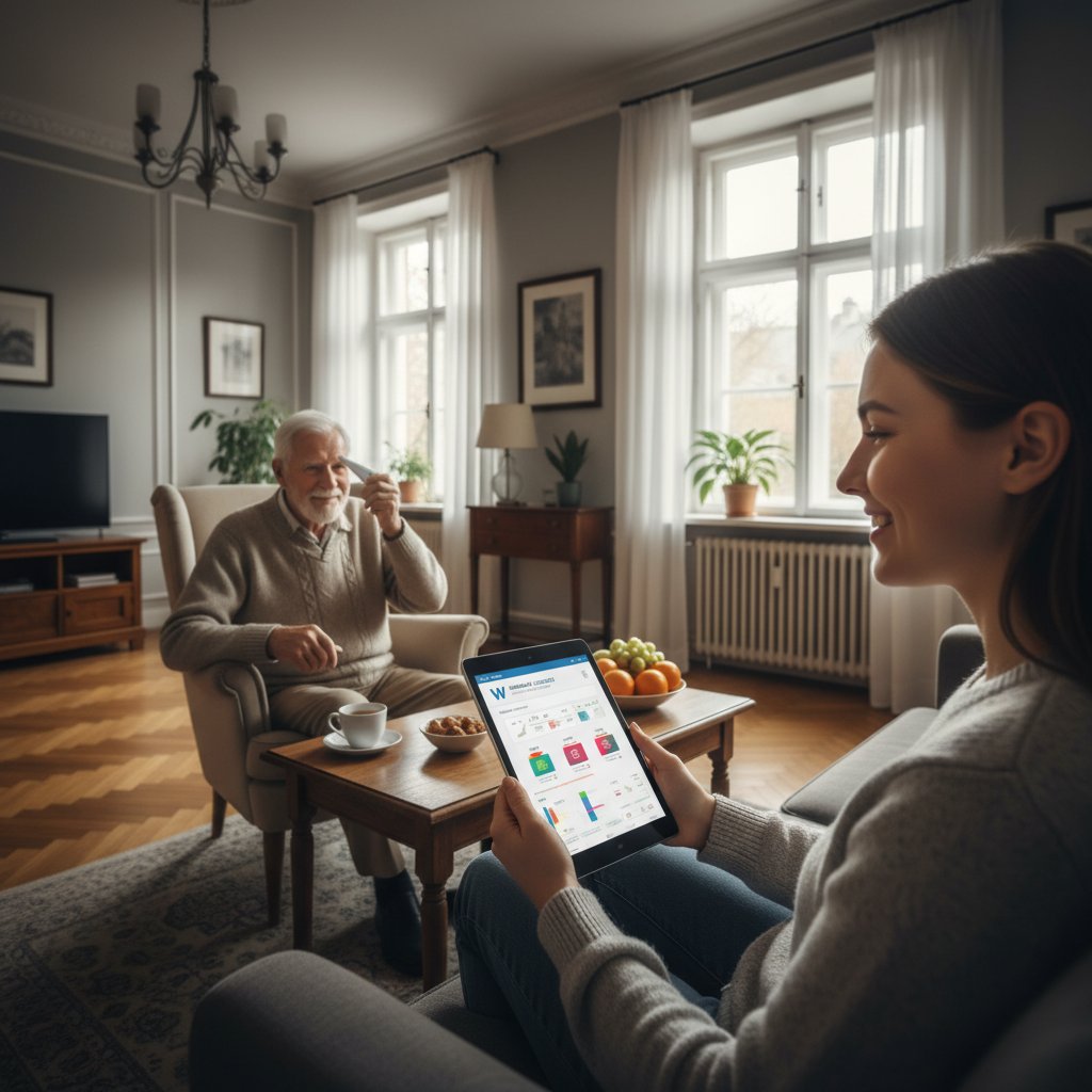Porównanie: młoda osoba korzystająca z aplikacji zdrowotnej na tle miejskiego krajobrazu Warszawy i starszy mężczyzna z tradycyjnym termometrem w domu