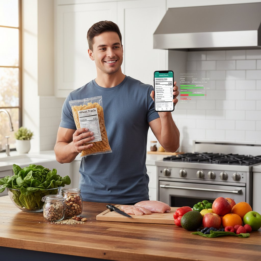 Młoda osoba korzystająca z aplikacji zdrowotnej w kuchni, zdrowe jedzenie, analiza etykiet