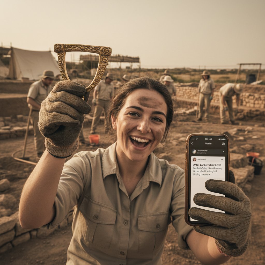 Młoda osoba dzieli się znaleziskiem historycznym online – historia regionalna, social media, odkrycia