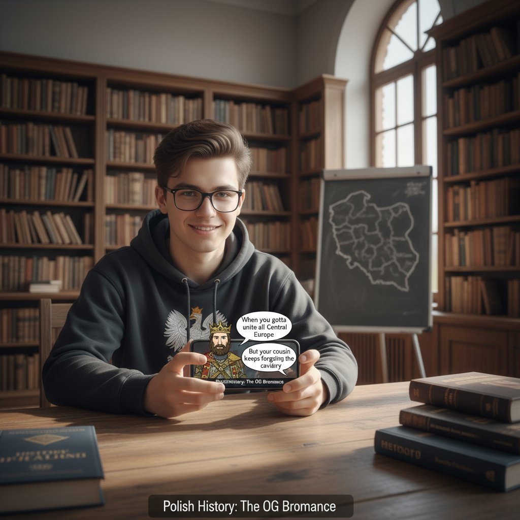 Młoda osoba tworząca mem historyczny o polskiej kulturze na smartfonie, w tle tablica edukacyjna