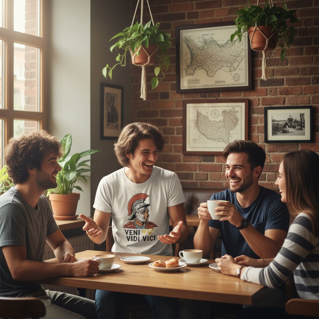 Młoda osoba w koszulce z motywem historycznym, rozmawiająca z rówieśnikami w kawiarni, przyjazna atmosfera