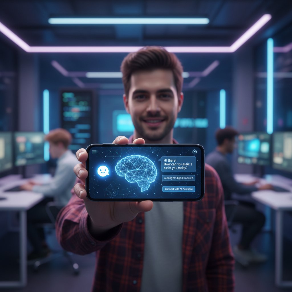 Młoda osoba trzymająca telefon, wpatrzona w ekran z aplikacją AI – nowoczesne wsparcie cyfrowe