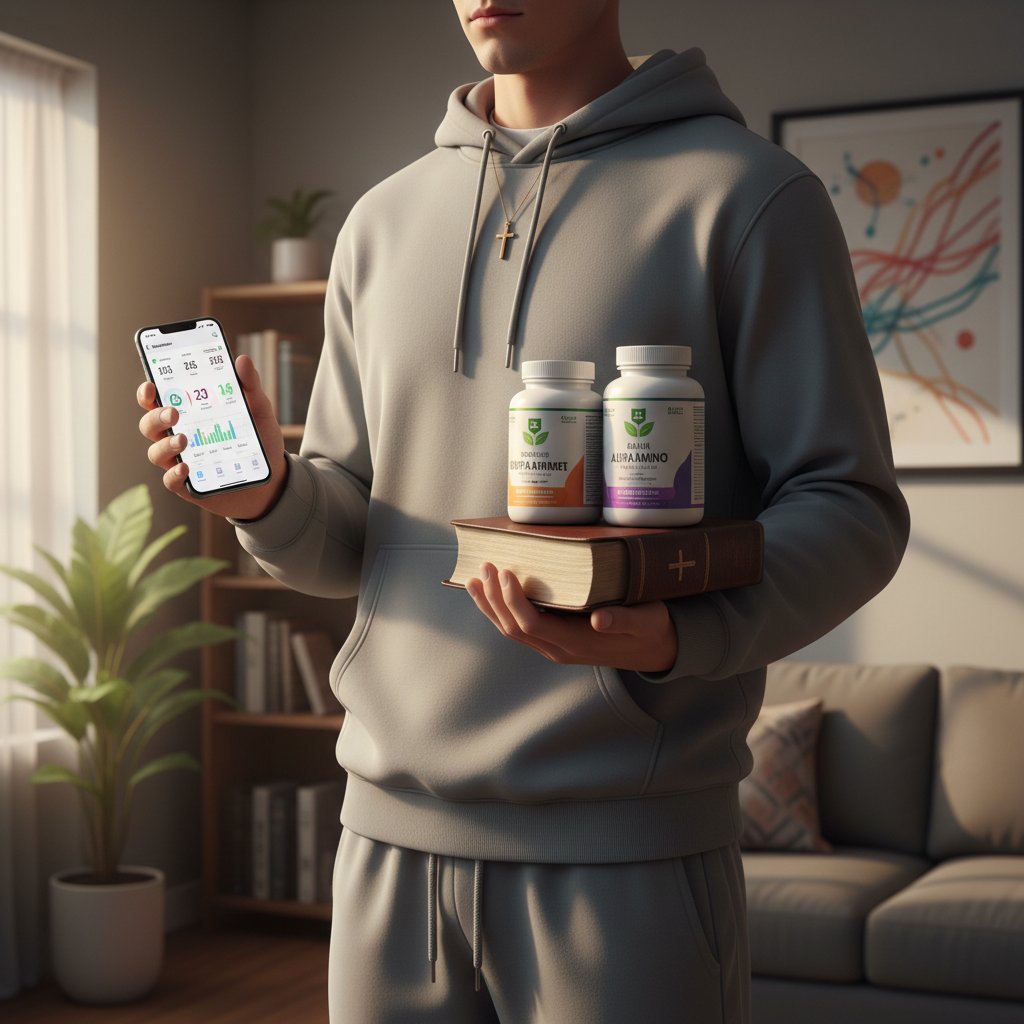 Młoda osoba trzymająca suplementy nad Biblią i smartfonem – motyw nowej religii zdrowia