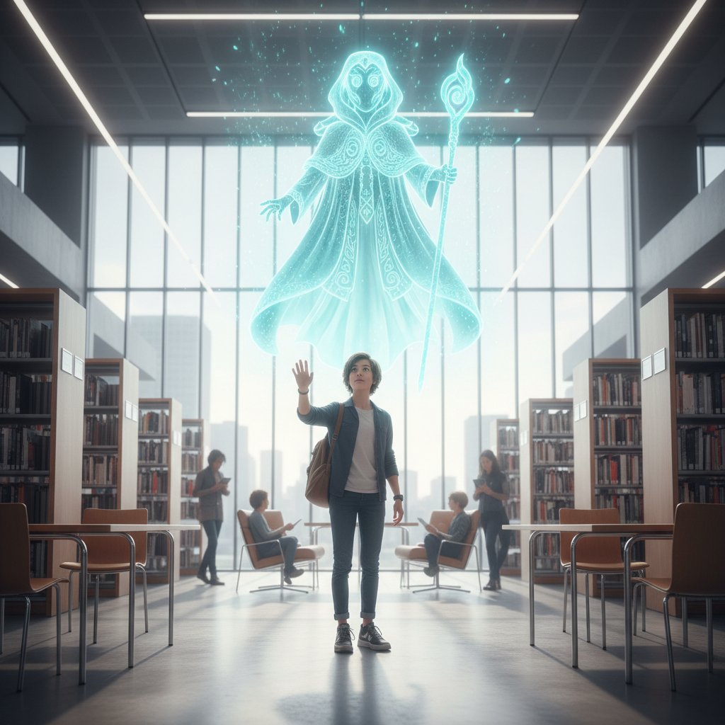 Młoda osoba rozmawiająca z hologramem postaci książkowej w nowoczesnej bibliotece