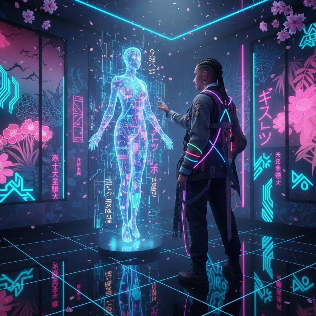 Młody człowiek rozmawia z holograficznym AI w neonowym pokoju – symbol nowoczesnej interakcji